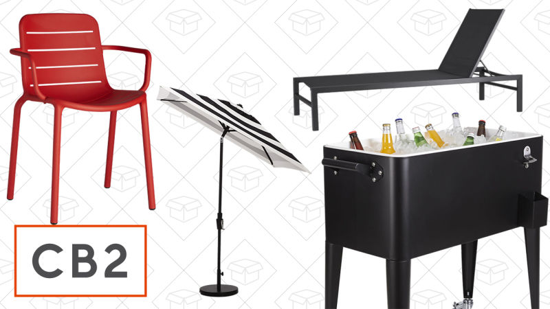Gina Armchair, $100 | Shadow Black and White Stripe Umbrella Shade, $40 | Idle Black Outdoor Chaise Lounge, $269 | Rolling Cooler, $229